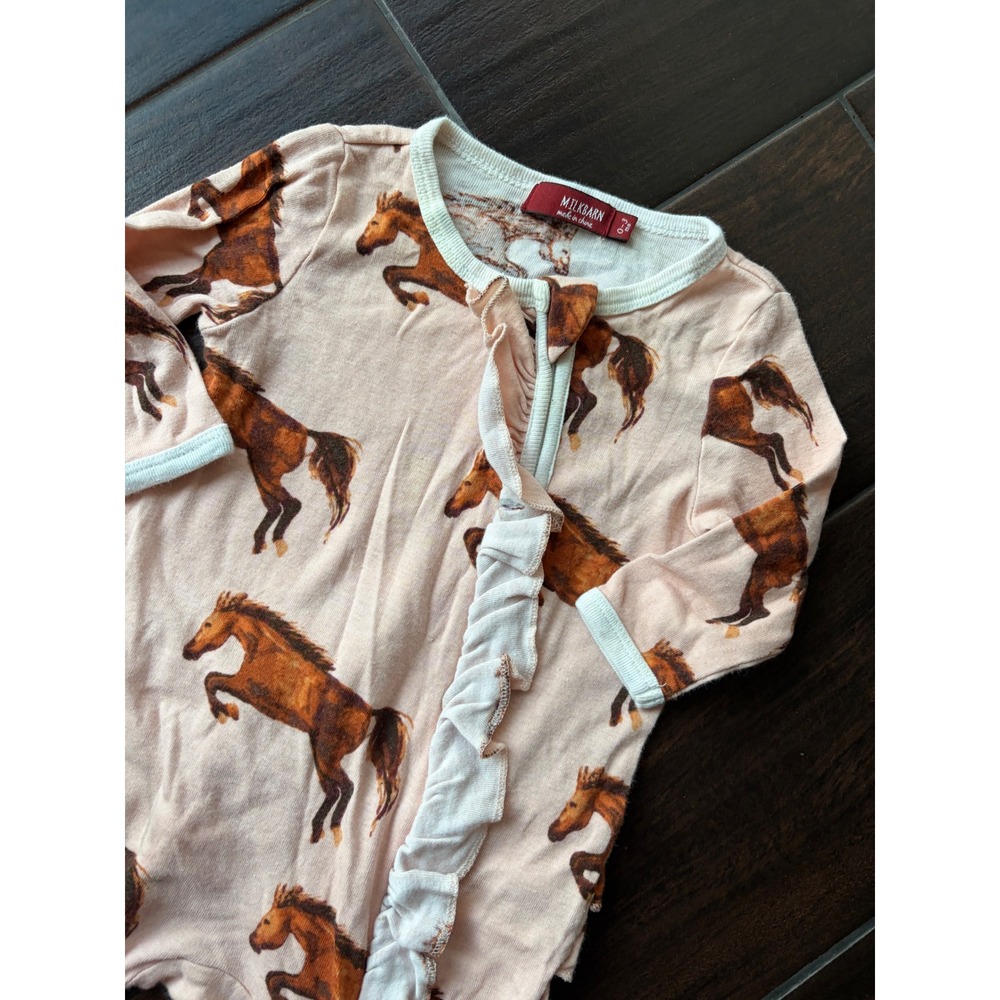 Milkbarn Kids Horse Print Ruffle Zipper Footed Sleeper Organic Cotton Pink 0-3M